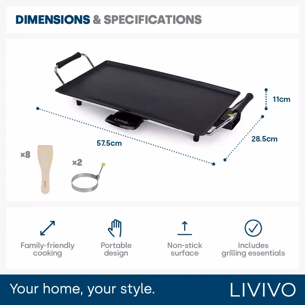LIVIVO 1800W Electric Teppanyaki Grill with Non-Stick Smooth Plate and Adjustable Thermostat, Black, W: 45 cm, D: 45 cm, H: 13.2 cm – 7