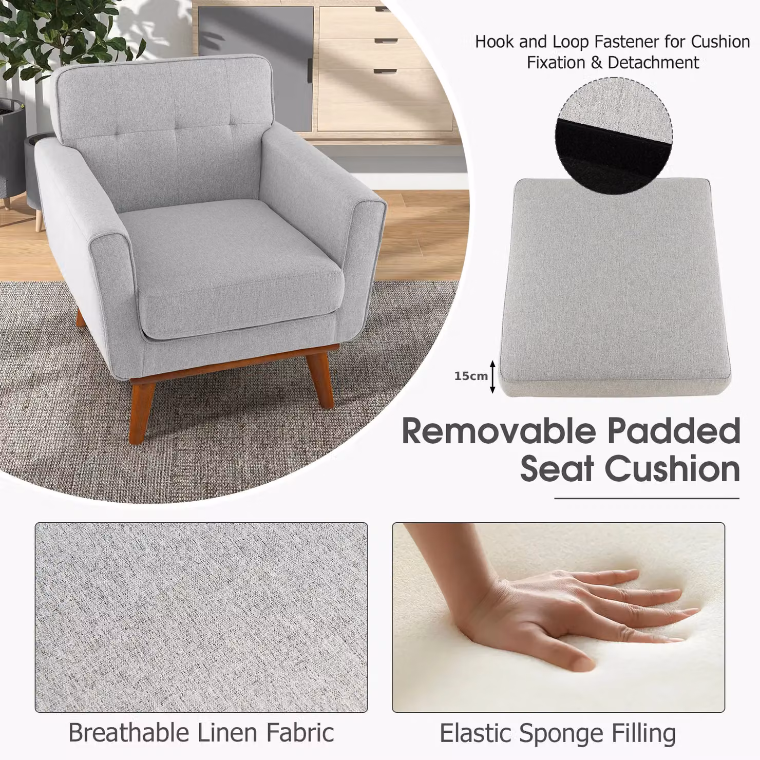 Costway Grey Linen Fabric Upholstered Armchair with Button Tufting and Solid Wood Frame – 3