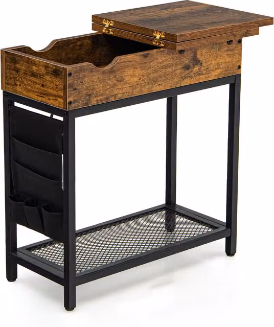 COSTWAY Narrow Coffee Side Table with Flip Top in Brown
