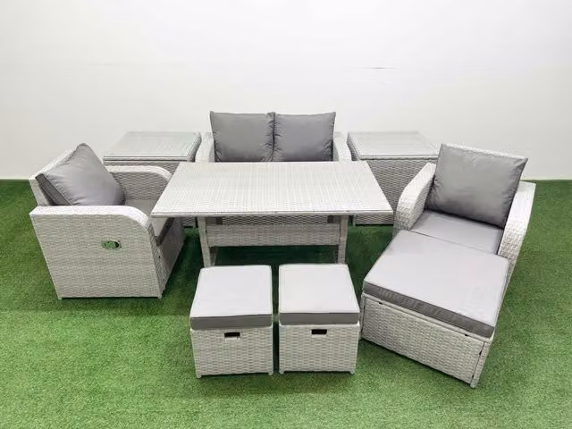 Fimous 7 Seater Grey PE Wicker Rattan Garden Furniture Set with Reclining Chairs, Rectangular Dining Table, 3 Stools and 2 Side Tables