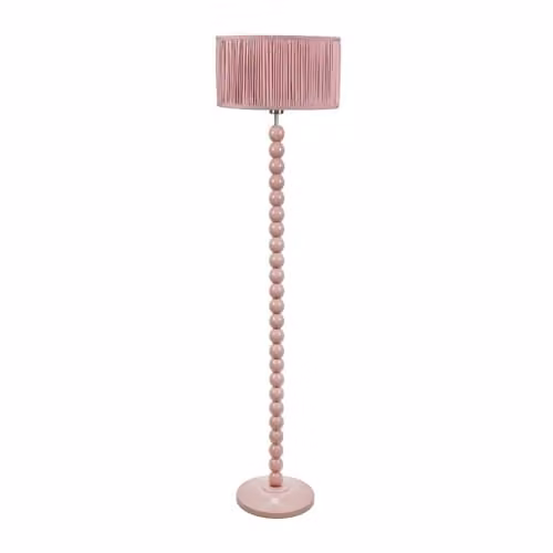 ValueLights Rose Pink Bobbin Stem Floor Lamp with Blush Pink Ruched Pleated Fabric Shade