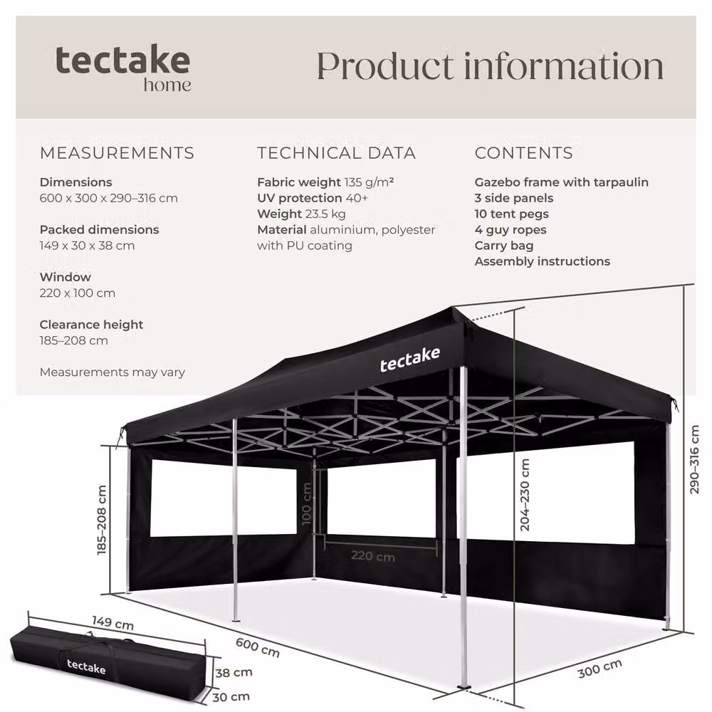tectake Viola Aluminum Folding Pavilion in Black, W/D/H: 600 x 316 x 300 cm – 6