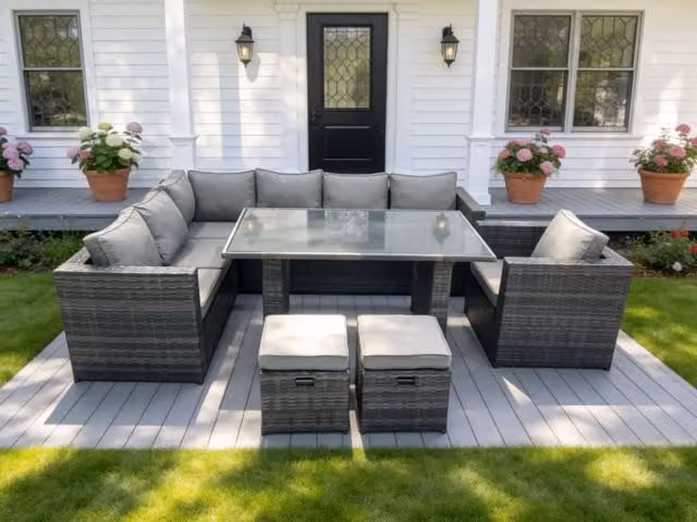Fimous 8 Seater Rattan Corner Sofa Set with Rectangular Dining Table and Coffee Table in Dark Grey