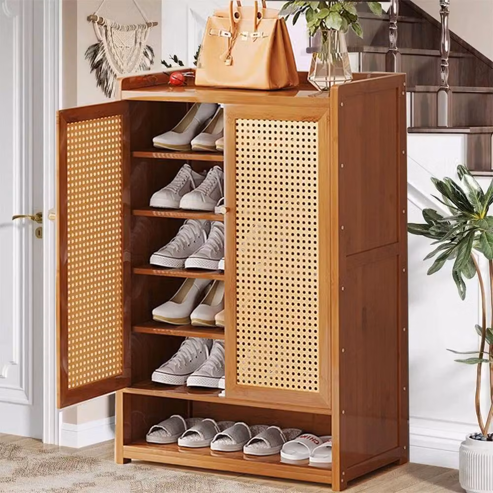 FLAVORA Wooden Shoe Rack Cabinet with Double Rattan Doors in Beige, W/D/H: 100 x 100 x 100 cm – 3