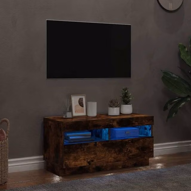 Berkfield Home TV Cabinet with LED Lights in Smoked Oak Brown, W/D/H: 80 x 35 x 40 cm – 1