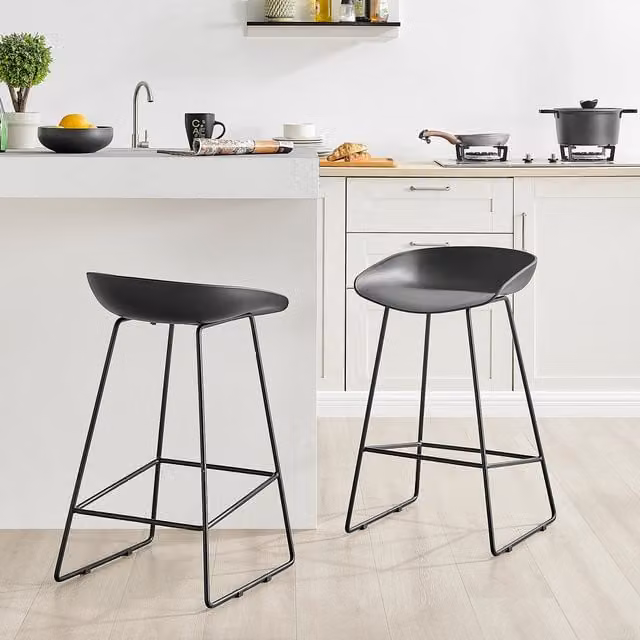 FurnitureboxUK Harper Kitchen Bar Stools with Plastic Seats and Black Legs, Set of 2, Black and Taupe