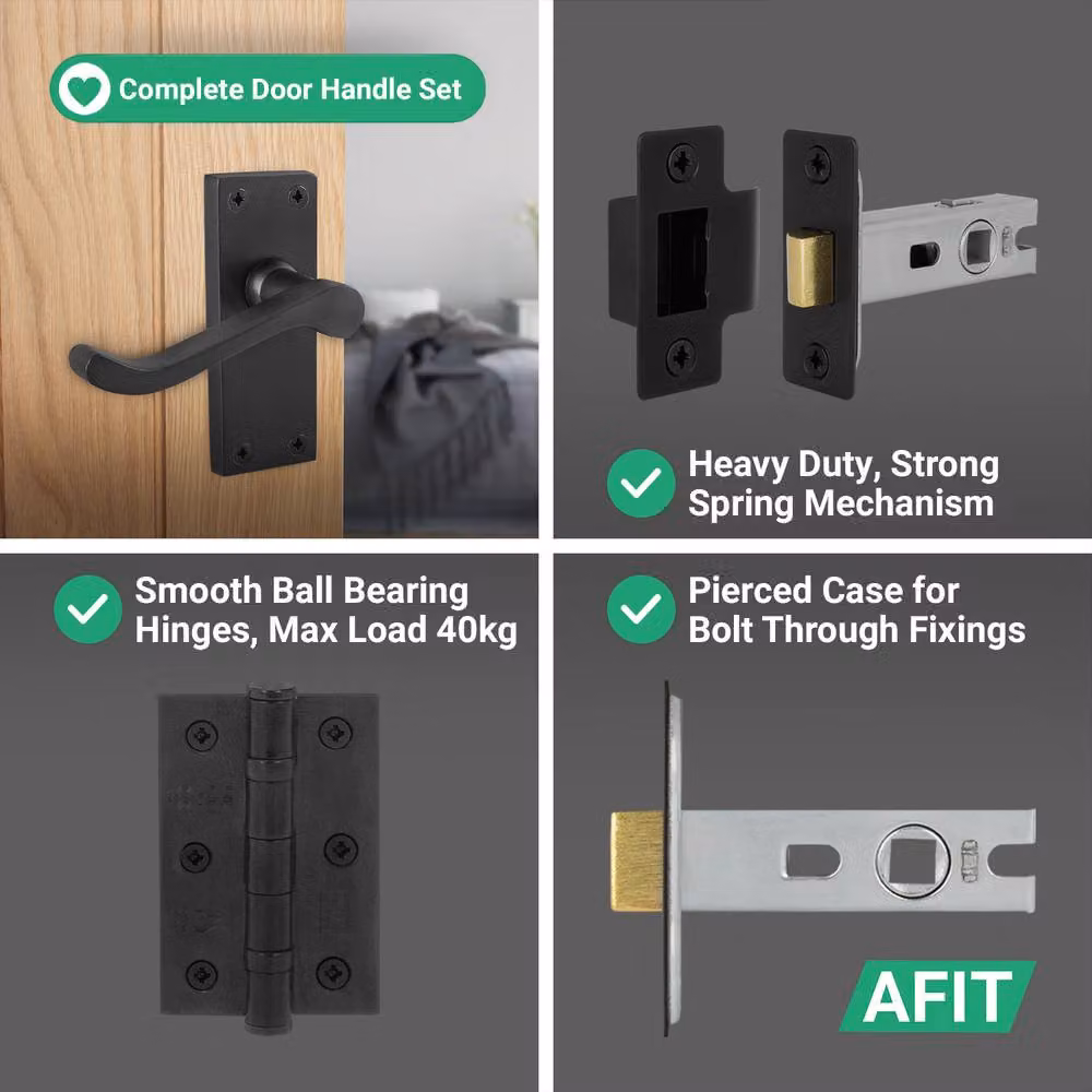 AFIT Matt Black Scroll Handle Latch Hinges Set, 4 Pairs, W/D/H: 15 x 15 x 6.4 cm – 4