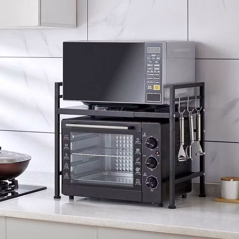 Havendro 2 Tier Expandable Microwave Oven Rack Stand in Black and White