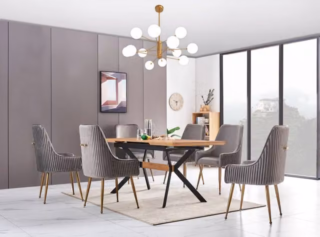 Life Interiors Soho Blaze LUX Dining Set with Rectangular Drop Leaf Table and 6 Grey Upholstered Chairs