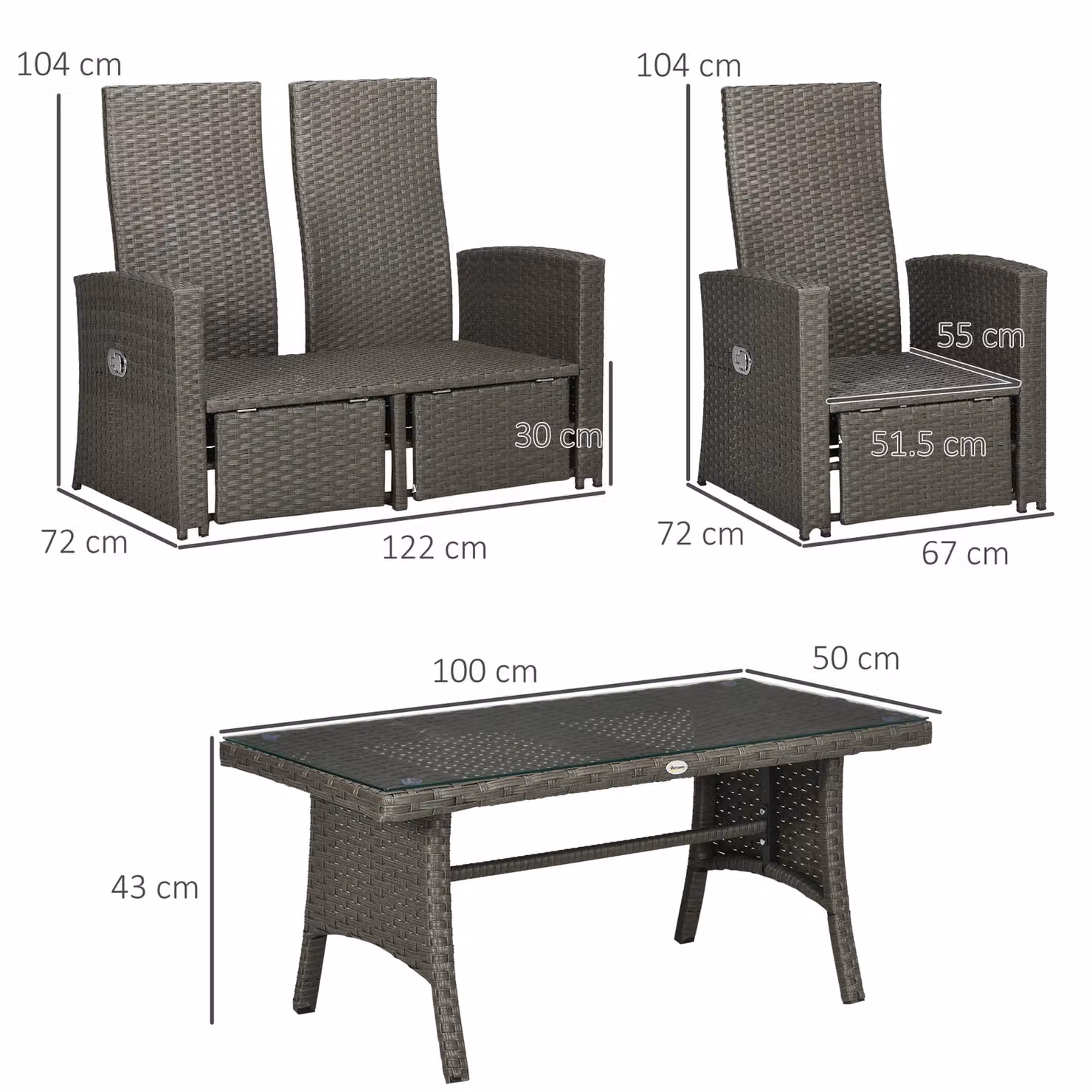 Outsunny 4 Piece Rattan Garden Furniture Set with 2 Seater Sofa, Lounge Armchairs, Coffee Table and Upholstered Cushions in Grey – 3
