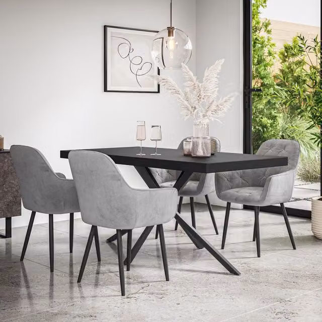 More4Homes Donni Dining Table and Anika Grey Velvet Dining Chair Set of 6, Black Table Top with Black Legs – 1