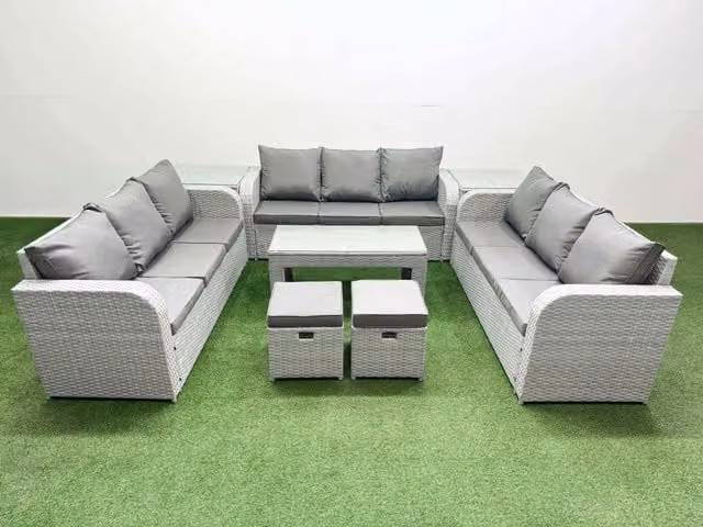 Fimous 11 Seater PE Rattan Outdoor Garden Furniture Set in Light Grey with Oblong Coffee Table, 3 Seater Sofa, 2 Stools and 2 Side Tables