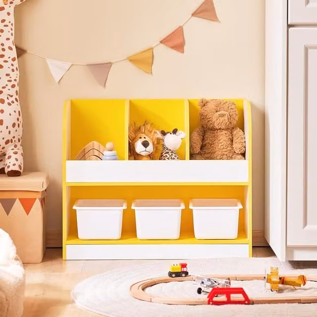 SoBuy Childrens Storage Shelf with Plastic Boxes in Yellow and White