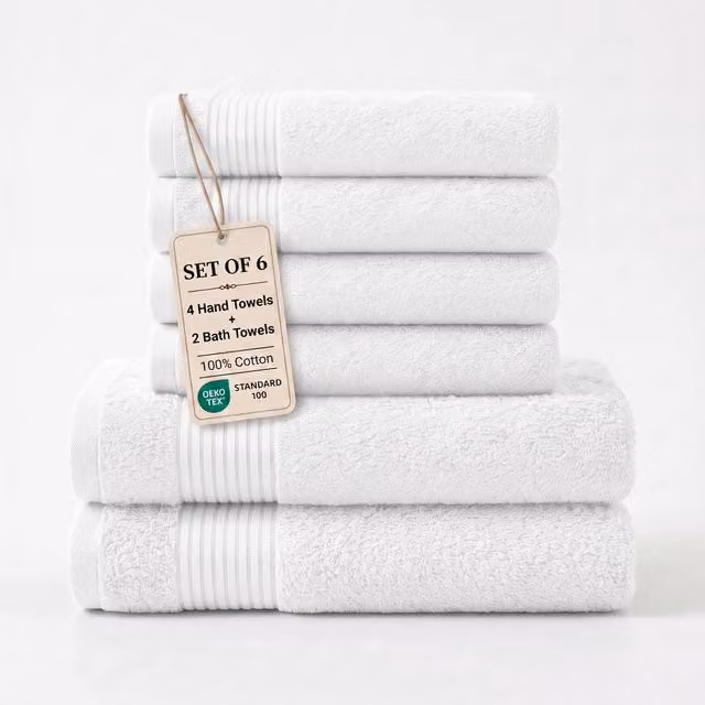 Grace Premium Set of 6 White Cotton Bath and Hand Towels, 500 GSM