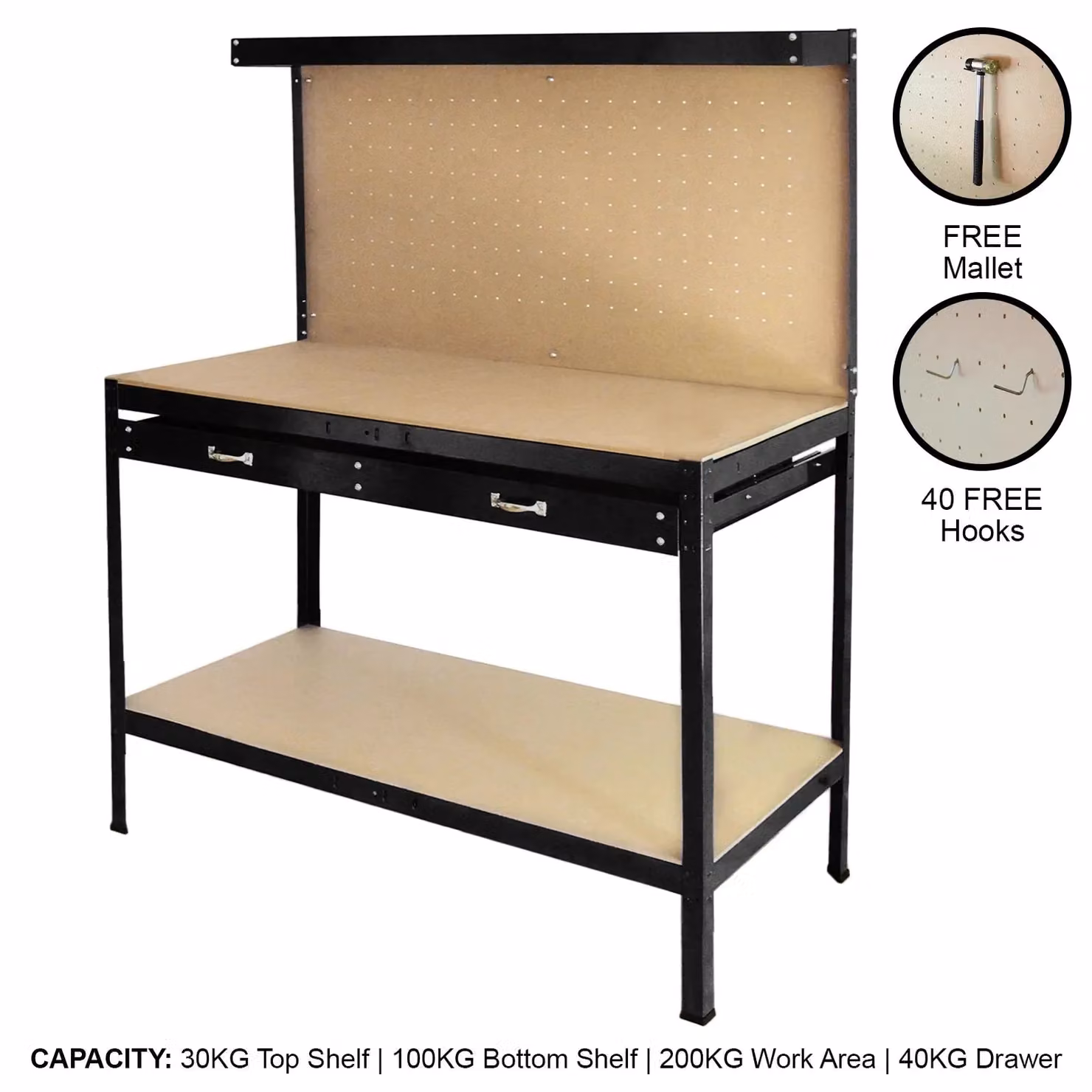 Monstershop Workbench with Pegboard in Black, W/D/H: 120 x 60 x 155 cm – 2