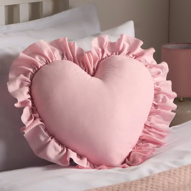 OHS Heart Shaped Frilled Cushion in Pink