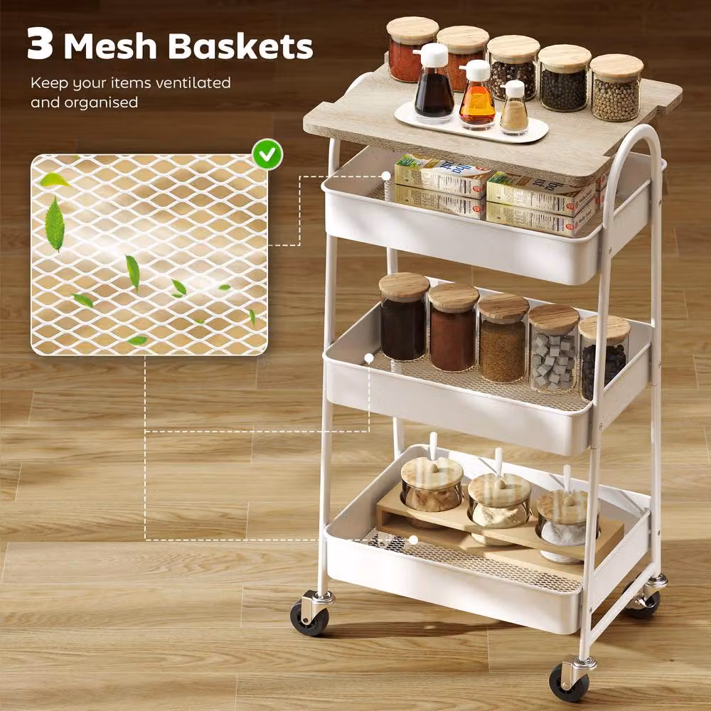 STILVORA 3-Tier Metal Storage Trolley with Wheels and Top Board in White – 3