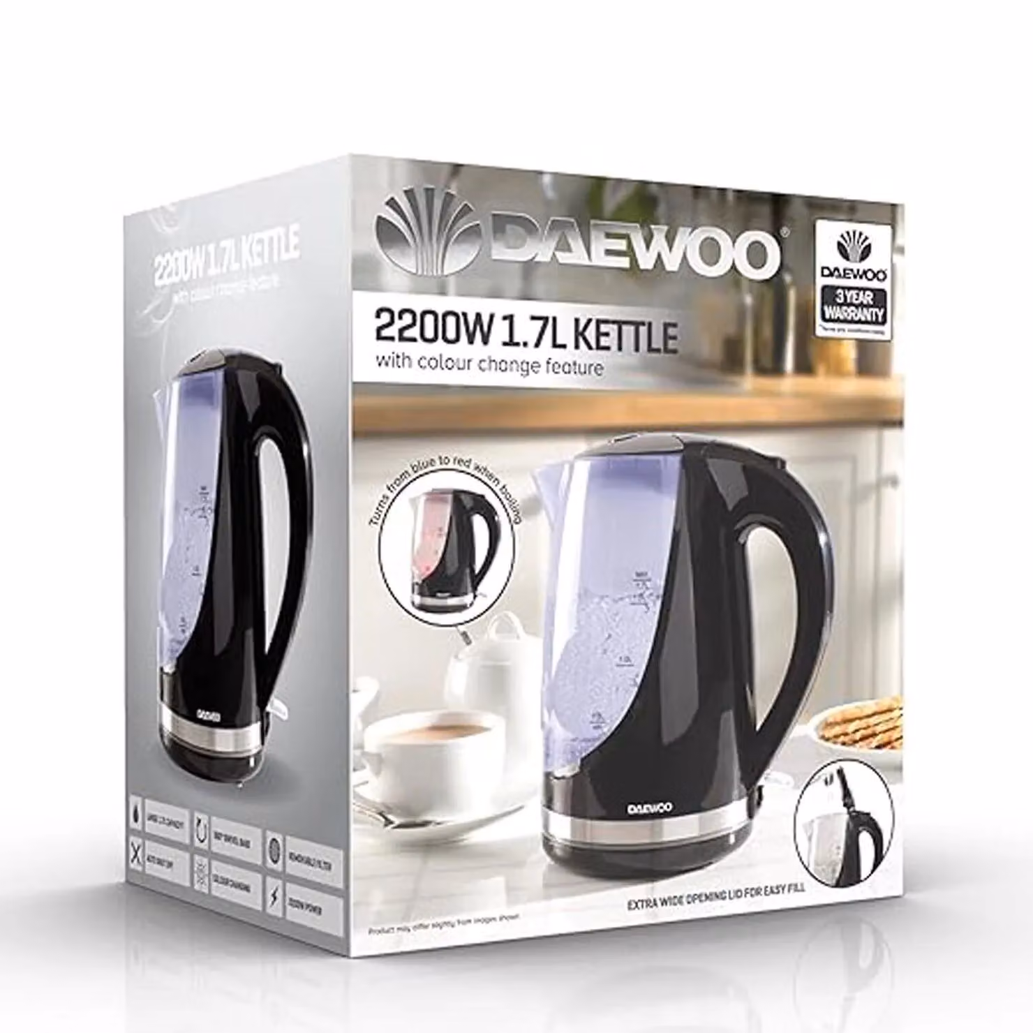 Daewoo LED Colour Changing Glass and Stainless Steel Kettle with 1.7 l Capacity, Black – 9