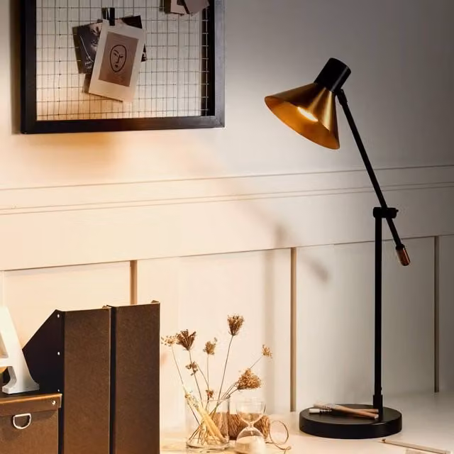 Wyld and Coco Industrial Metal Table Lamp in Black and Gold with Adjustable Arm and Cone Shade – 1