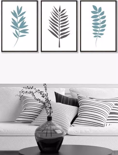 ARTZE Graphical Blue Grey Leaves Framed Wall Art in Black, W53 x H73 x D0.2 cm