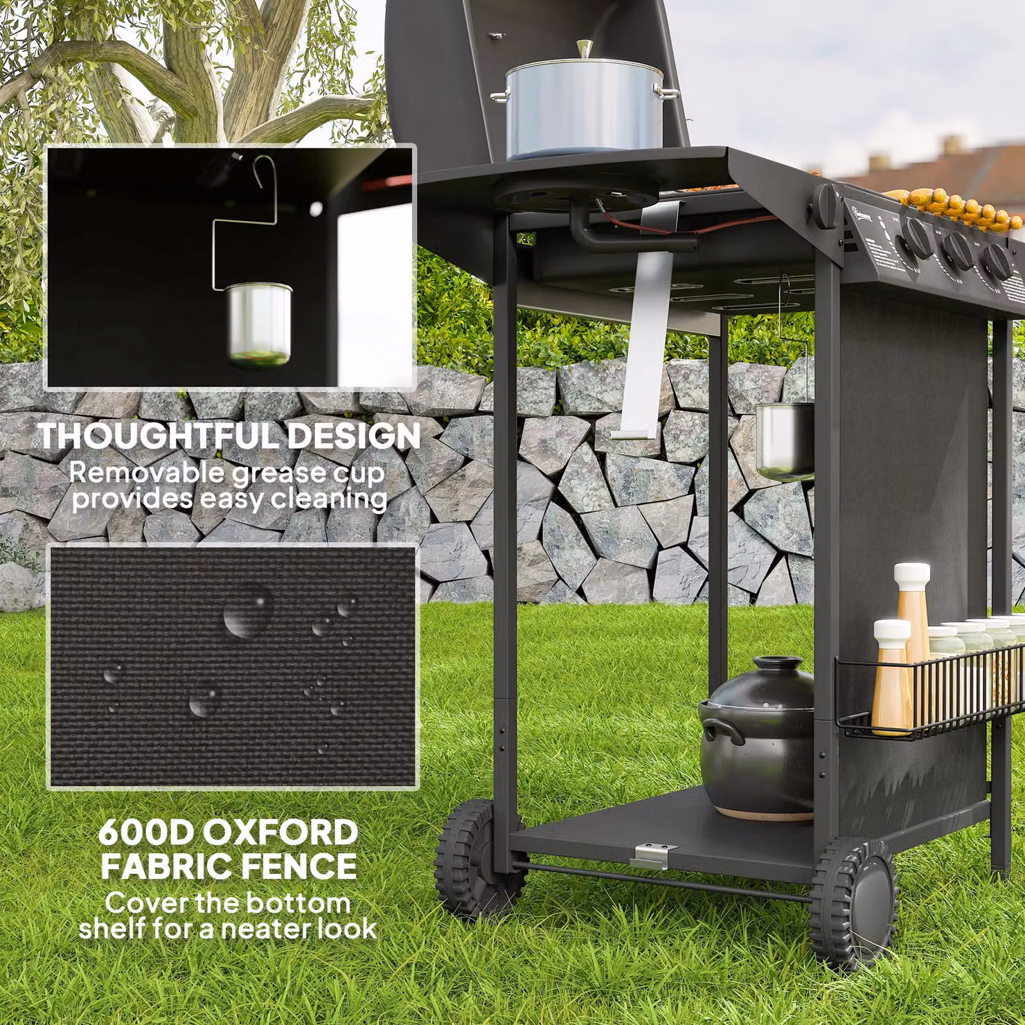 Outsunny 3+1 Burner Gas BBQ Grill and Smoker with Built-in Thermometer, Side Burner, Warming Rack and Wheels, Black – 6