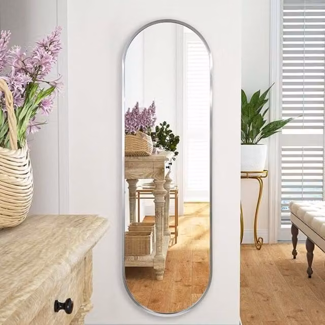 Biznest Oval Pill Shape Aluminium Frame Wall Mirror in Silver, W/H: 101 x 31 cm, Depth: 2.5 cm