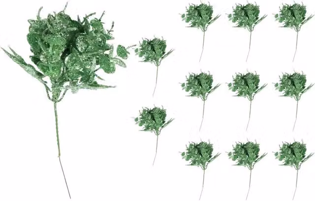 Shatchi 6 Pack Mint Green Glitter Eucalyptus and Maple Leaf Picks, 17 cm