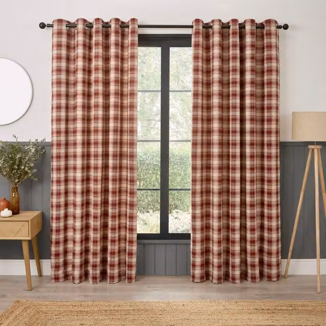 Curtina Everett Jacquard Woven Check Eyelet Curtains in Red, Width: 229 cm, Drop: 229 cm