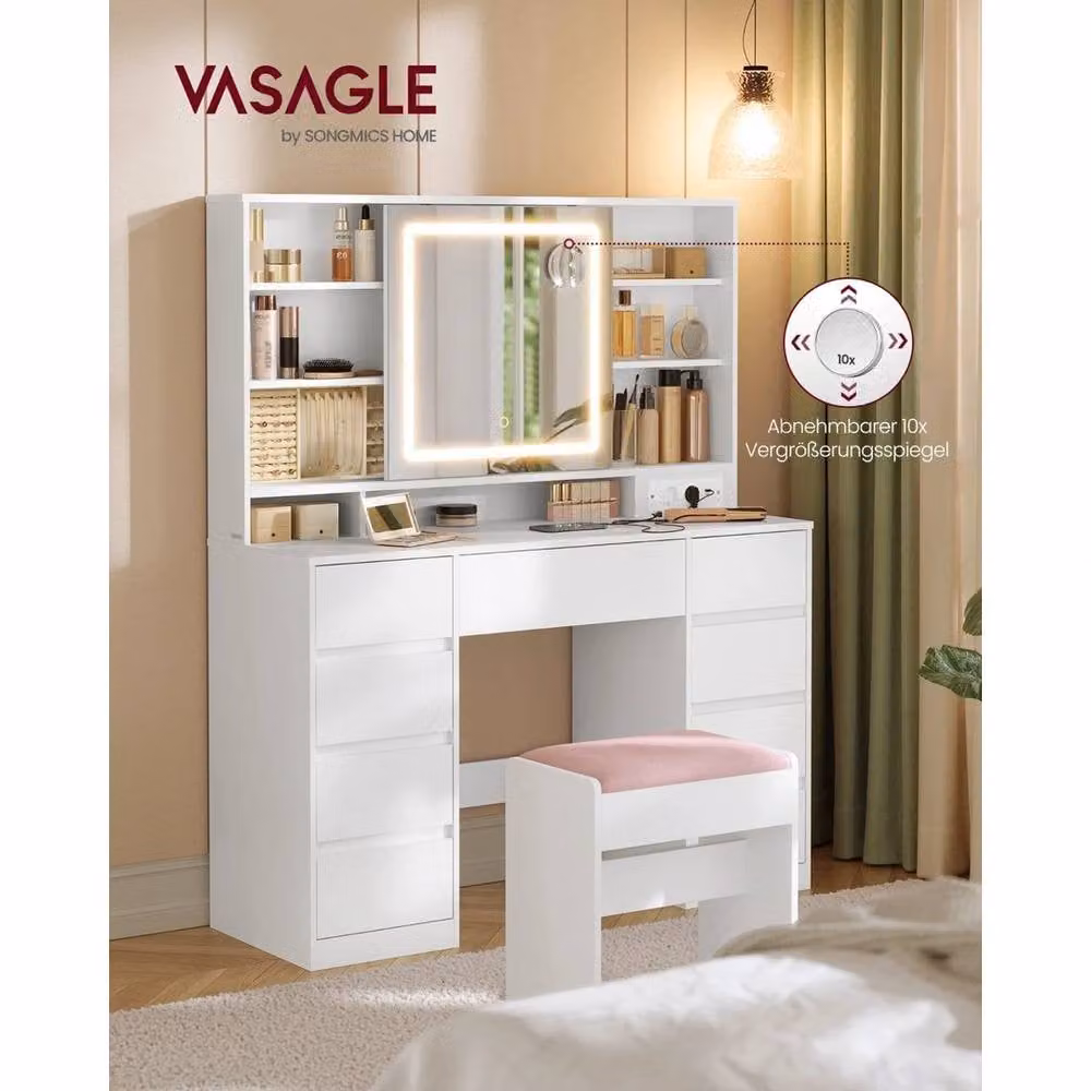 FORGEVIO Collection Modern White Glossy Dressing Table with Hollywood LED Mirror – 2