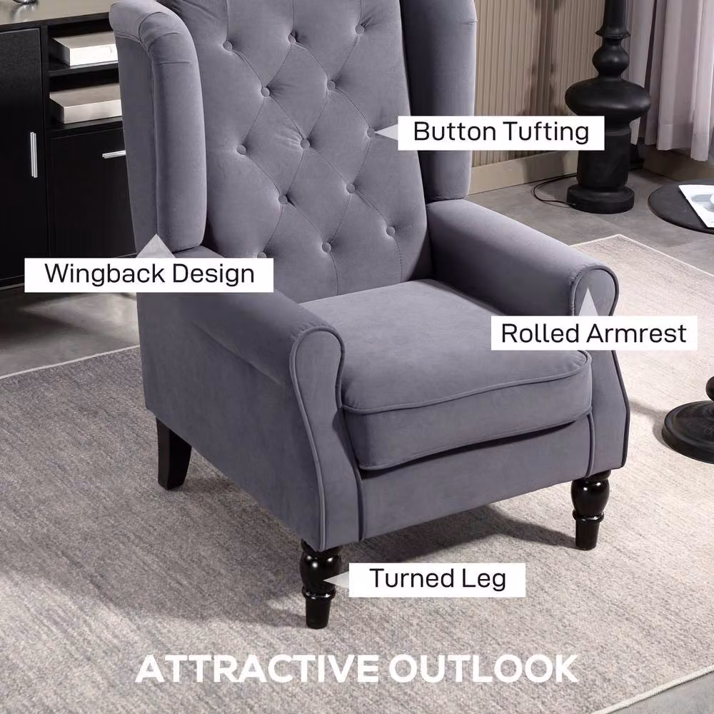 STILVORA Grey Velvet Wingback Chair with Solid Wood Frame – 5