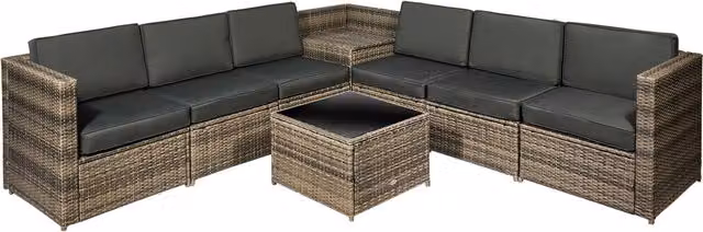 Outsunny 6-Seater Outdoor Rattan Wicker Sofa Set with Cushions and Hidden Storage Side Table in Mixed Brown