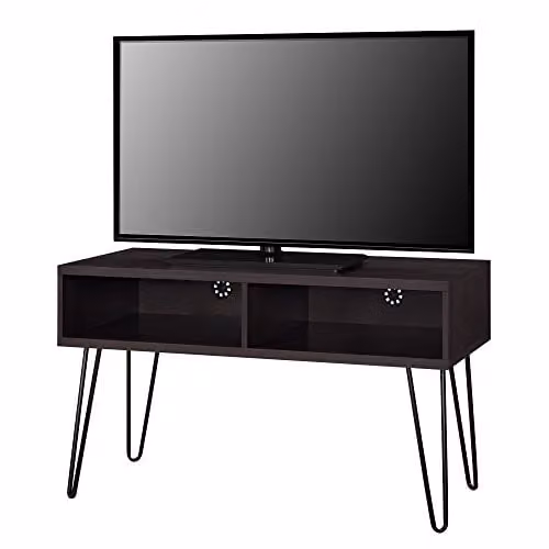 Gr8 Home Retro Wood and Metal TV Stand with Storage Shelves in Dark Brown and Black, Fits up to 42 inch – 1