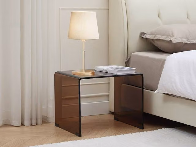 Vente-unique SUZANA Bedside Table in Brown Transparent Curved Tempered Glass, W/D/H: 40 x 40 x 60 cm