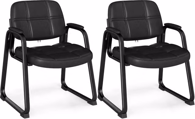 Costway Set of 2 Modern Ergonomic Guest Chairs in Black Synthetic Leather with Armrests
