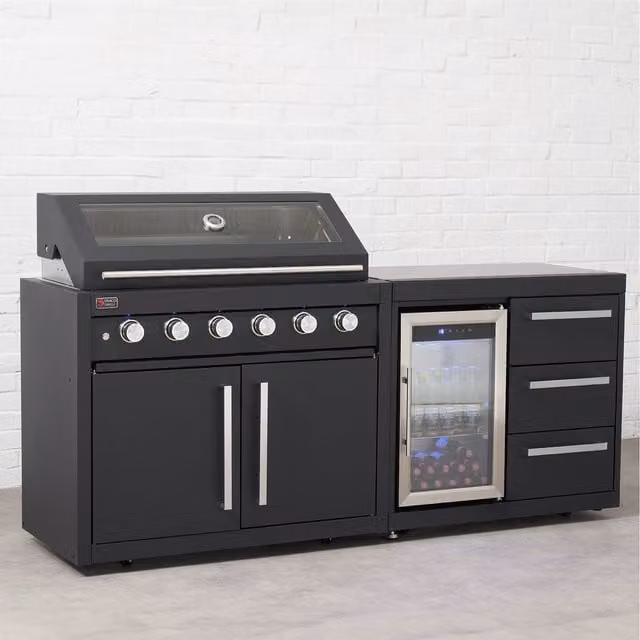 Draco Grills Fusion 6 Burner Gas Outdoor Kitchen with Modular Single Fridge in Slate Black