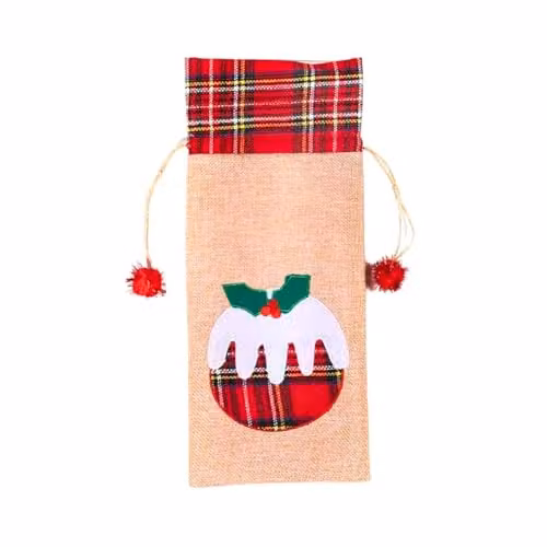 Shatchi Christmas Wine Bottle Cover in Brown Burlap Hessian Linen with Floral Print and Drawstring Closure