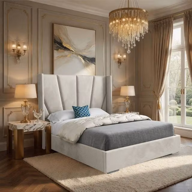 Casani Farleigh Double Upholstered Velvet Winged Bed Frame in Beige, W: 140 cm, D: 200 cm, H: 137 cm – 1