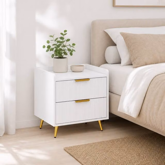 STILVORA Modern Bedside Table with 2 Drawers in White and Gold Finish