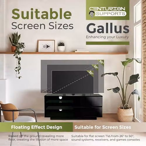 Centurion Supports Gallus Gloss Black TV Cabinet with 2 Drawers, 2 Shelves and Mounting Arm for 32 to 55 inch LED/LCD/Plasma Screens, W/D/H: 110 x 39.5 x 47.5 cm – 6