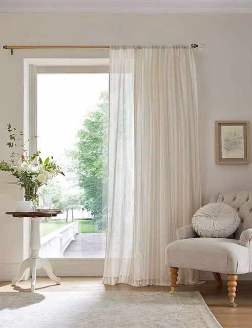 Laura Ashley Striped Sheer Voile Slot Top Curtain Panel in Natural Sand and Beige, H: 137 cm x W: 135 cm