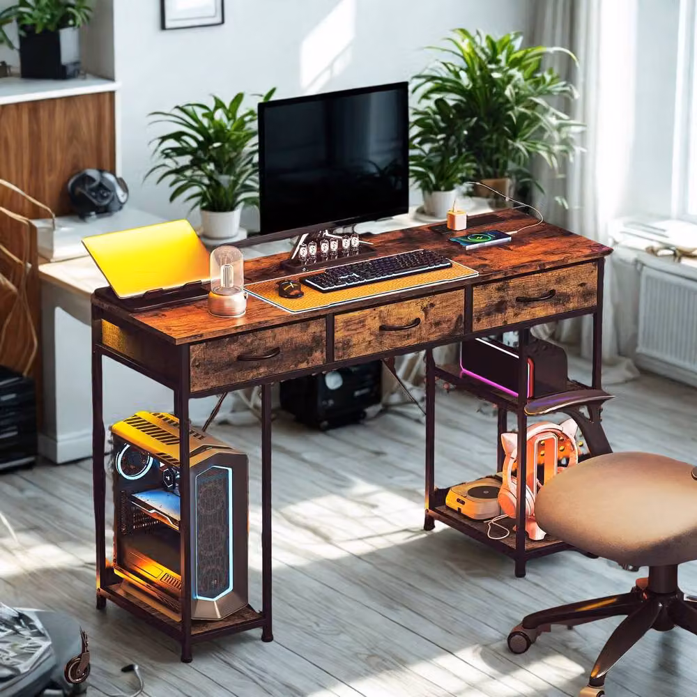 FURNOS Industrial Computer Desk with Drawers and USB Outlets, Brown, W: 120 cm, D: 40 cm, H: 76 cm – 2