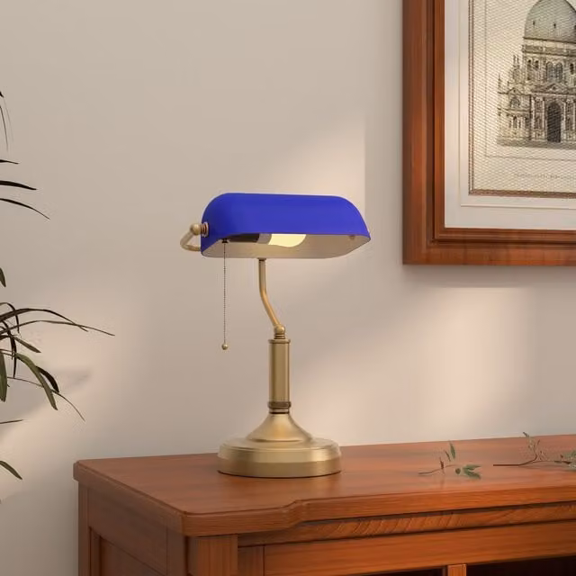HOMCOM Banker's Table Lamp with Antique Bronze Base and Blue Glass Shade