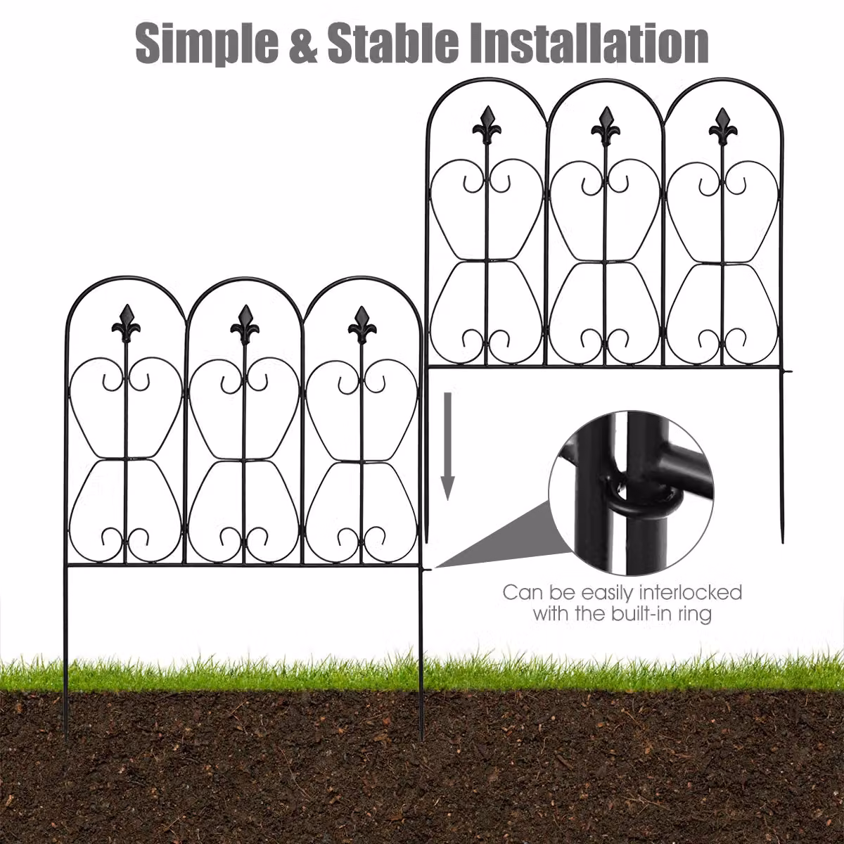 Costway Decorative Black Powder-Coated Steel Folding Wire Garden Fence and Interlockable Patio Fencing Panels – 2