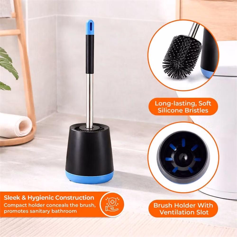 VOGREX Black Flexible Silicone Toilet Brush Set with Holder – 3