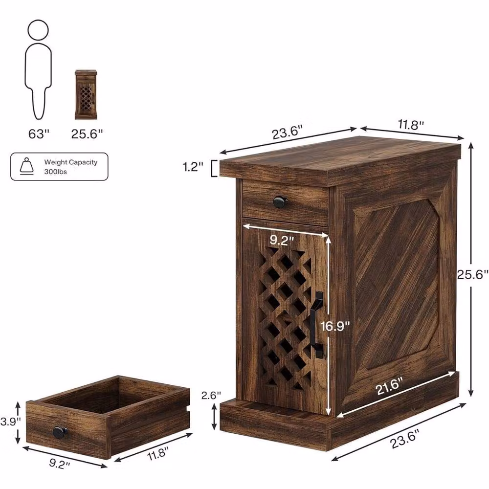 VOGREX Rustic Narrow Wood End Table with Drawer in Brown – 3