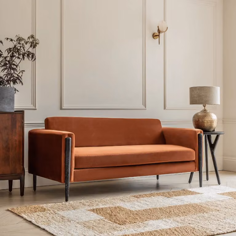 Atkin & Thyme Lexington 3 Seat Upholstered Sofa in Rust Velvet and Black with Mango Wood