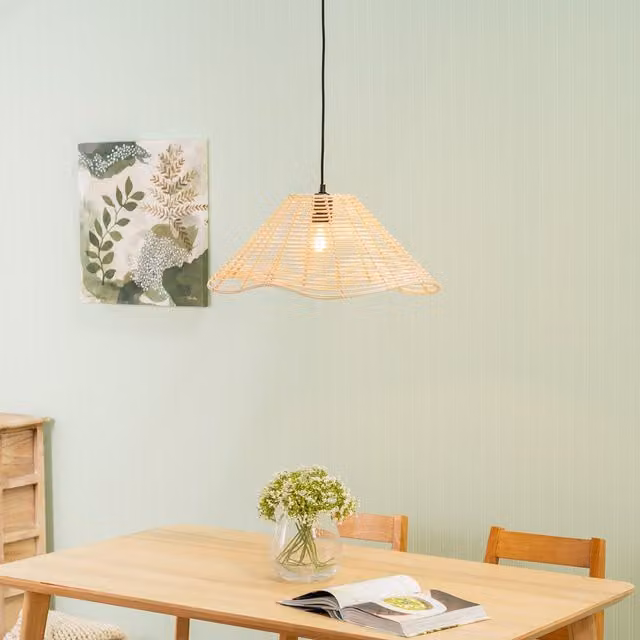 Harlow Boho Wavy Rattan Wicker Cone Ceiling Light Shade with LED Bulb in Beige, Brown and Yellow