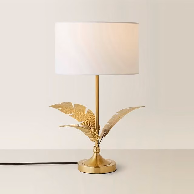 ValueLights Christina Palm Leaf Table Lamp with White Fabric Drum Shade and Gold/Brass Base