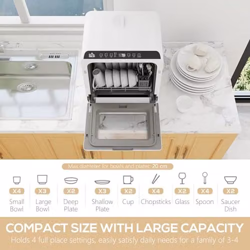HOMCOM Countertop Dishwasher in White with 6L Water Tank and 4 Place Settings – 2
