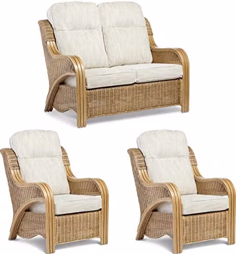 Desser Opera Rattan Conservatory Furniture Set with 2 Seater Sofa and Armchairs in Oak and Beige Fabric – 1